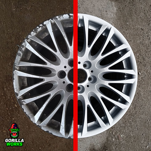 Результат до и после полимерной покраски литых дисков BMW e65 740 в Минске