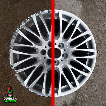 Результат до и после полимерной покраски литых дисков BMW e65 740 в Минске