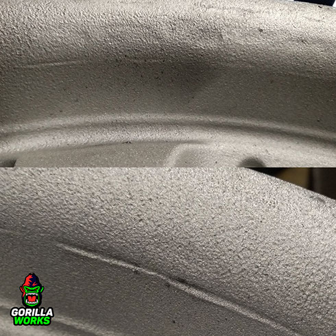 Следы ударов после правки литых дисков Honda и глубокие царапины от прокатки роликами. Грубое нарушение технологии правки дисков.