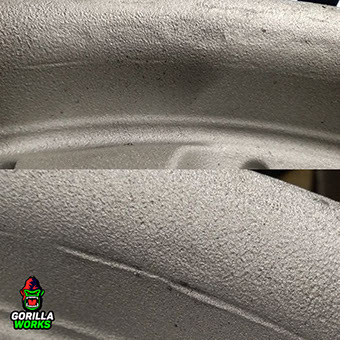 Следы ударов после правки литых дисков Honda и глубокие царапины от прокатки роликами. Грубое нарушение технологии правки дисков.